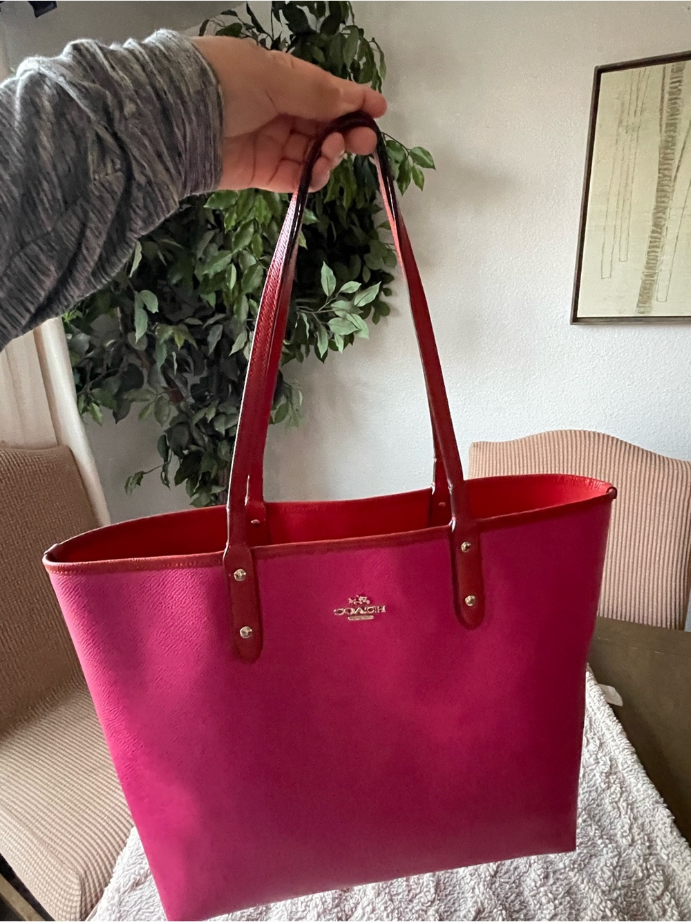 Coach Pink Tote with Red Handles and Gold Logo